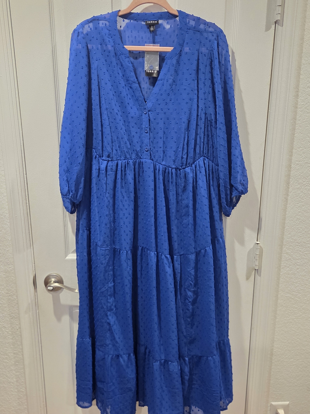 torrid Cobalt Blue Swiss Dot Tiered V-Neck Midi Dress